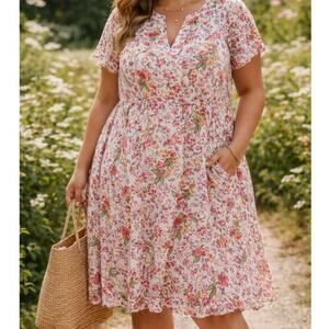 LOFT Plus Floral Dress Size 18 Pink Boho Flutter Sleeve Rayon Knee Length